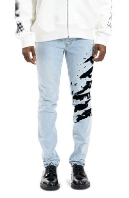 PURPLE BRAND Flocked Painted Wordmark Skinny Jeans in Light Indigo