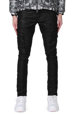 PURPLE BRAND Low Rise Coated Skinny Cargo Jeans in Black Tar Coated Cargo