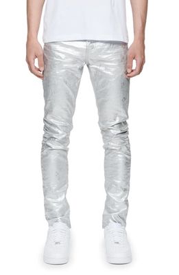 PURPLE BRAND Metallic Monogram Skinny Jeans in Grey Silver