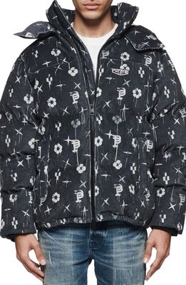 PURPLE BRAND Monogram Corduroy Water Repellent Down Puffer Jacket in Black
