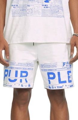 PURPLE BRAND Newsprint French Terry Sweat Shorts in White