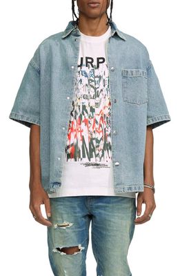PURPLE BRAND Oversize Denim Short Sleeve Snap-Up Shirt Jacket in Light Indigo