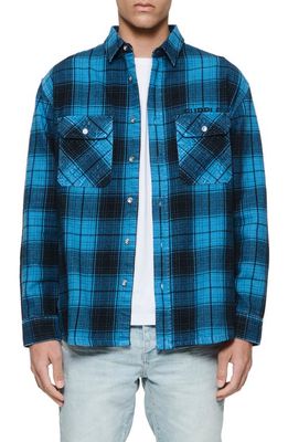 PURPLE BRAND Oversize Plaid Flannel Button-Up Shirt in Blue