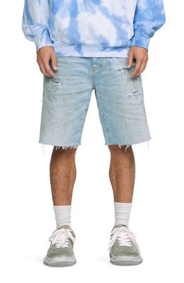 PURPLE BRAND Rip & Repair Raw Edge Denim Shorts with Quilted Pockets in Light Indigo
