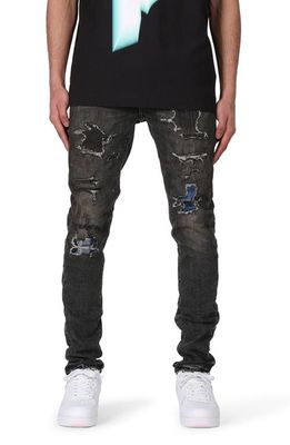 PURPLE BRAND Rip & Repair Stretch Skinny Jeans in Black Heavy Repair Plaid Patch
