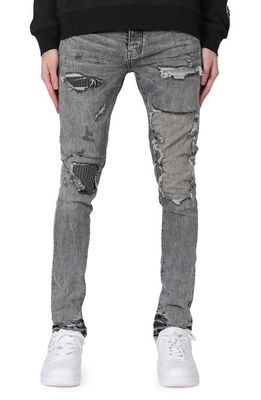 PURPLE BRAND Rip & Repair Stretch Skinny Jeans in Light Grey Stitch Patch Repair