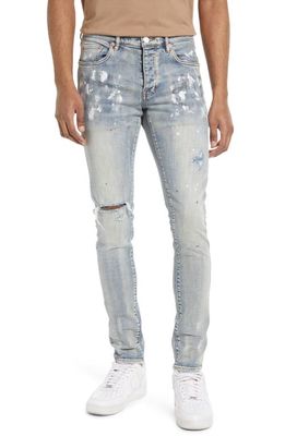 PURPLE BRAND Ripped Knee Blowout Painted Skinny Jeans in Light Indigo Paint Blowout