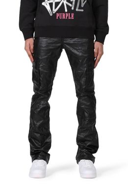 PURPLE BRAND Slim Boot Cut Coated Cargo Pants in Black Patent Leather Cargo