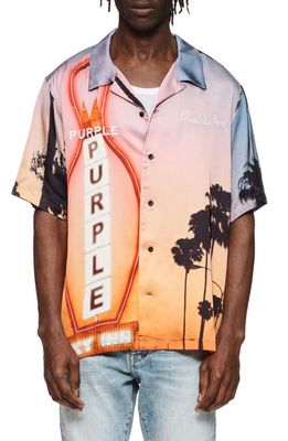 PURPLE BRAND x Blue Sky Inn Purple Motel Short Sleeve Button-Up Shirt in Orange Print