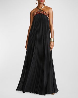 Pythia Pleated Sequin-Embellished Trapeze Gown