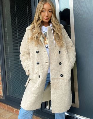 QED London belted borg coat in stone-Neutral