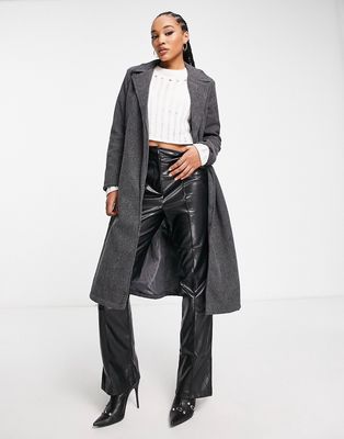 QED London belted longline coat in charcoal gray