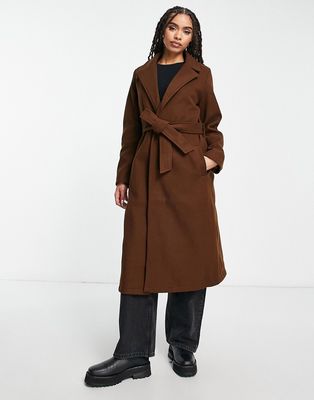 QED London belted longline coat in chocolate brown