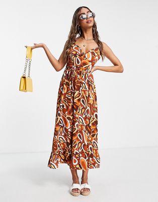 QED London cami strap midaxi dress in 70s print-Multi