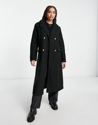 QED London double breasted longline coat in black