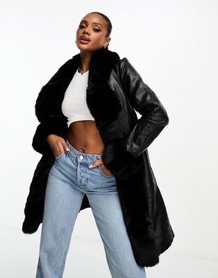 QED London faux leather coat with extreme faux fur collar in black