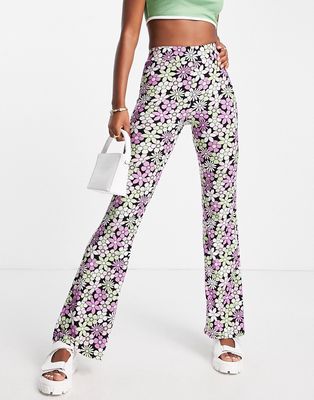 QED London fit and flare pants in retro floral print-Multi