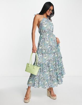 QED London halter neck ruffle midi dress in paisley print-Blue