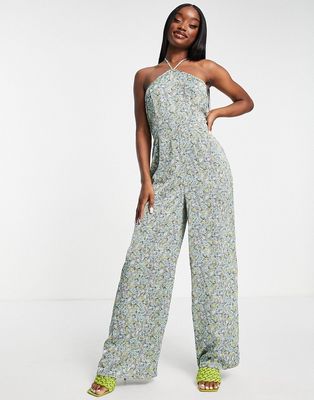 QED London halter neck wide leg jumpsuit in ditsy floral print-Multi