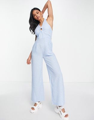 QED London halterneck culotte jumpsuit with ring detail in blue floral print