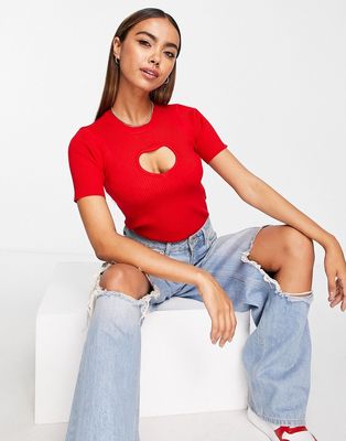 QED London heart cut out ribbed top in red