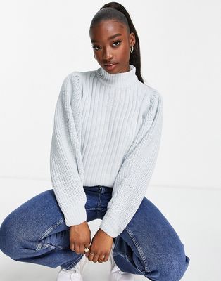 QED London high neck balloon sleeve sweater in ice blue-Blues