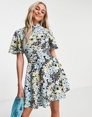 QED London high neck mini dress in floral print-Multi