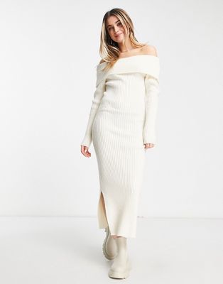 QED London off shoulder ribbed knit midi dress in oatmeal-White