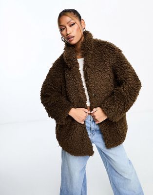 QED London oversized teddy fleece coat in chocolate brown