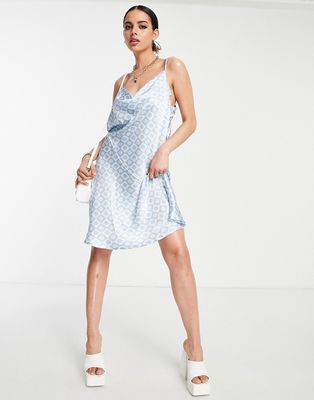 QED London satin cowl front mini dress with strappy back in diamond print-Blue