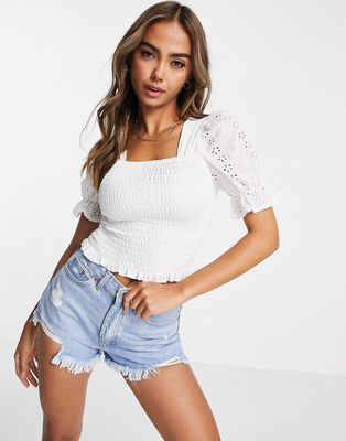 QED London shirred body crop top with broderie sleeves in white