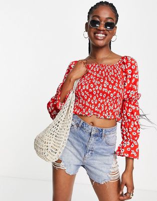 QED London shirred top in red floral print