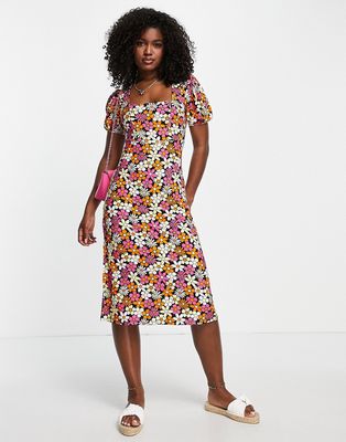 QED London soft touch square neck midi dress in 70s floral print-Multi