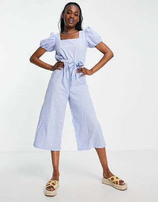 QED London square neck puff sleeve jumpsuit with tie waist in blue gingham