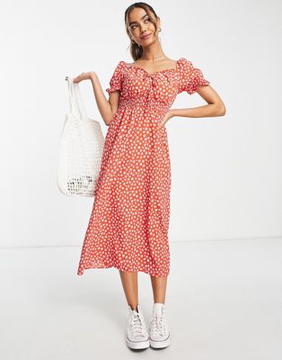 QED London sweetheart neckline midi dress in red floral