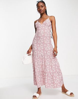 QED London tiered maxi dress in red floral print-Multi