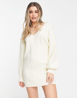 QED London V-neck cable knit sweater dress in ivory-White