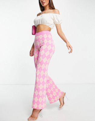 QED London wide leg knit pants in pink argyle - part of a set