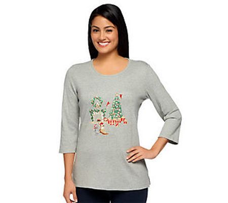 Quacker Factory All is Bright Holiday Bling 3/4 Sleeve T-shirt