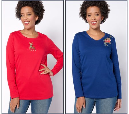 Quacker Factory Holidaze Set of 2 Long Sleeve Tops