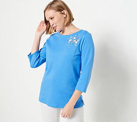 Quacker Factory Pocket Full Embroidered 3/4 Sleeve T-Shirt