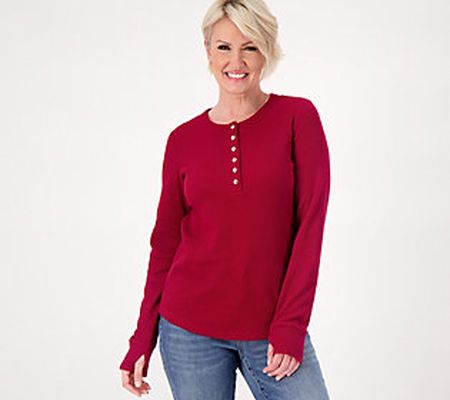 Quacker Factory Rhinestone Snaps Waffle Henley Top