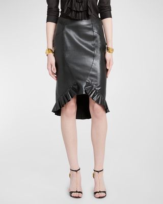 Quanteria Leather Ruffle Godet Asymmetric Skirt