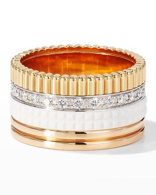 Quatre Large 18K Gold & White Ceramic Ring with Diamonds, Size 54