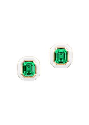 Queen 18K Yellow Gold, Emerald, & Enamel Stud Earrings