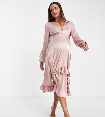 Queen Bee maternity deep plunge satin dress in coral pink