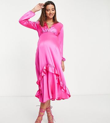 Queen Bee maternity deep plunge satin dress in pink