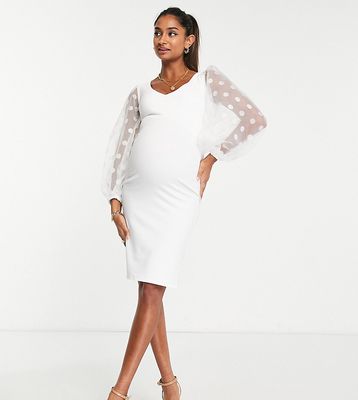 Queen Bee Maternity plunge front midi dress with organza sleeve in ivory-White