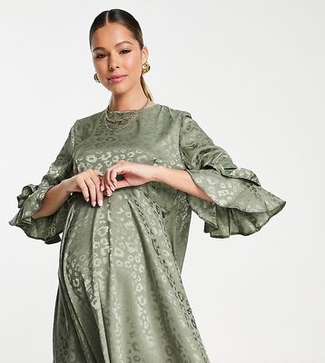 Queen Bee Maternity satin smock dress with frill detail in khaki animal jaquard-Green