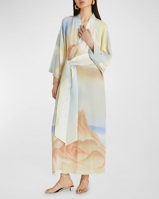 Queenie Landscape-Print Silk Kimono Robe
